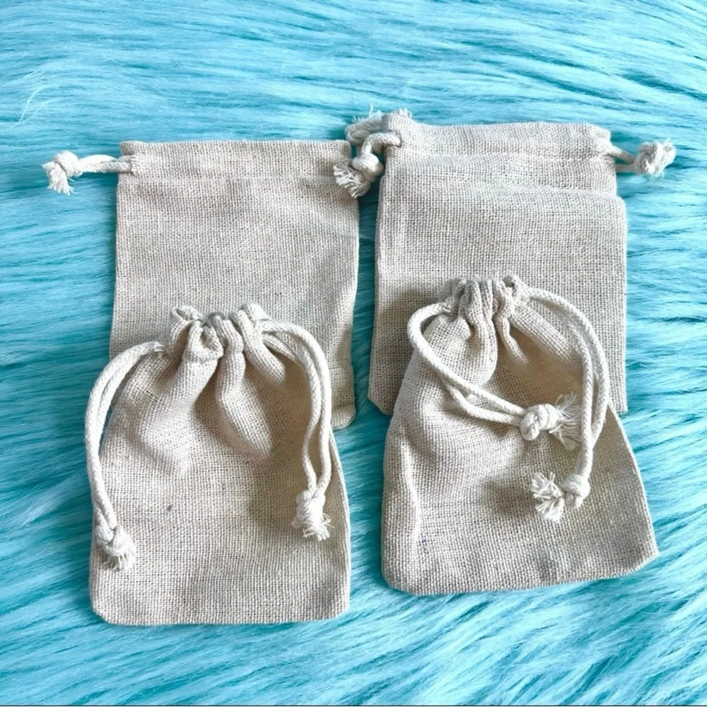Set of 4 Burlap Canvas Drawstring Bags Rustic Gift Favor Jewelry Spice Pouches